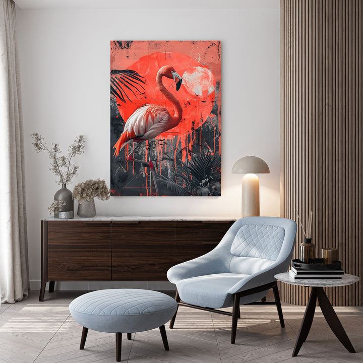 Wadi Home Flamingo in Tropical Jungle wall art, vibrant pink flamingo against a fiery sunset and lush jungle foliage.