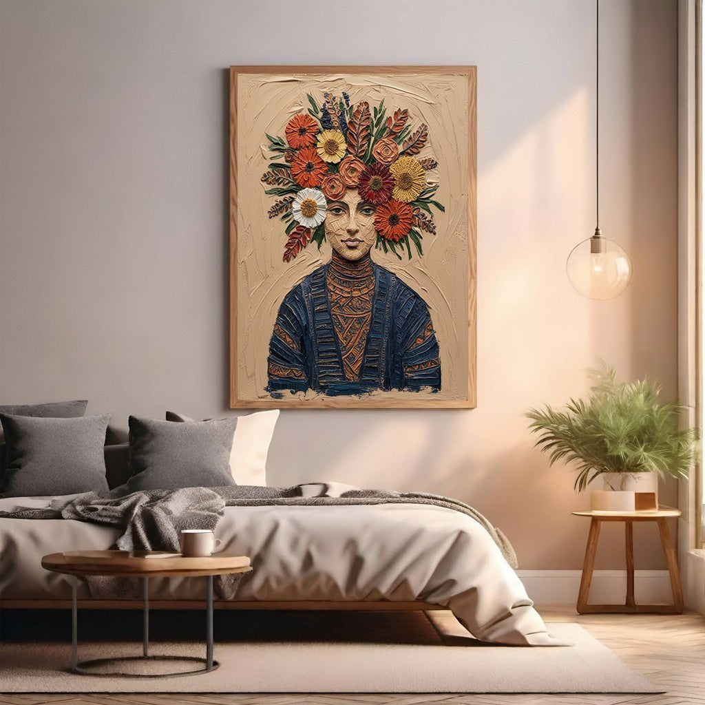 Wadi Home framed wall art of a woman with a vibrant floral crown and blue patterned garment on a neutral background.