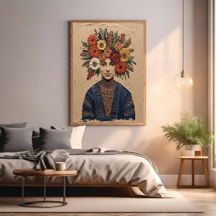 Wadi Home framed wall art of a woman with a vibrant floral crown and blue patterned garment on a neutral background.