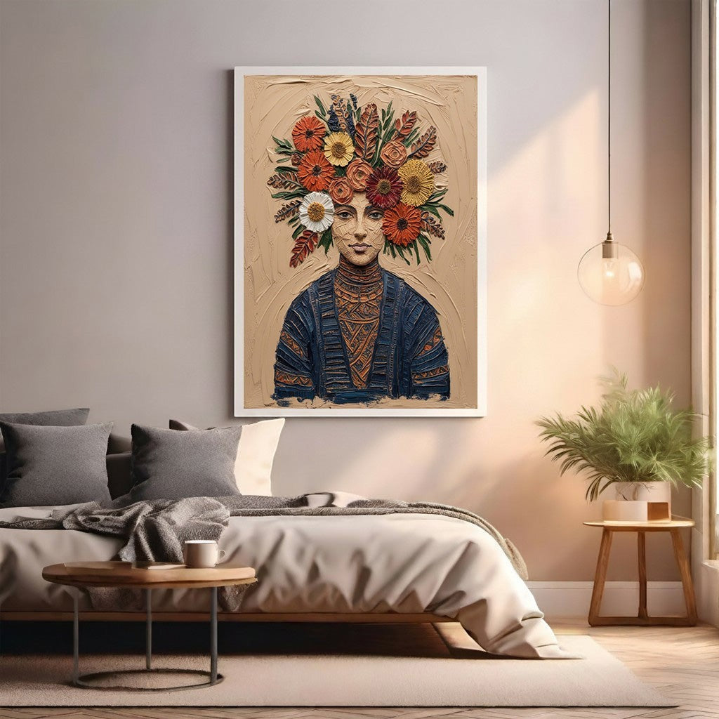 Wadi Home floral crown portrait wall art featuring a woman with a vibrant floral headdress and blue patterned garment on an earthy background.