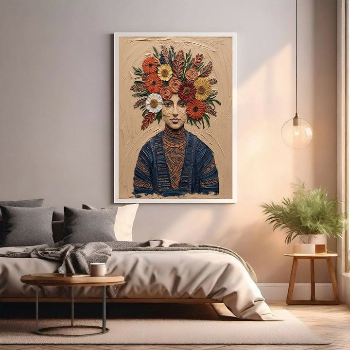 Wadi Home floral crown portrait wall art featuring a woman with a vibrant floral headdress and blue patterned garment on an earthy background.
