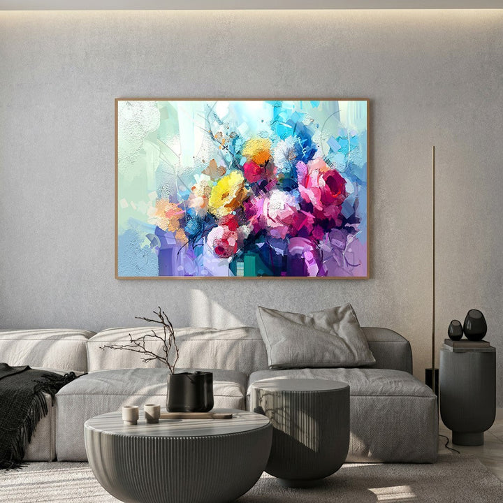 Wadi Home vibrant floral impressionist canvas art with pink, yellow, and blue flowers in a painterly style.