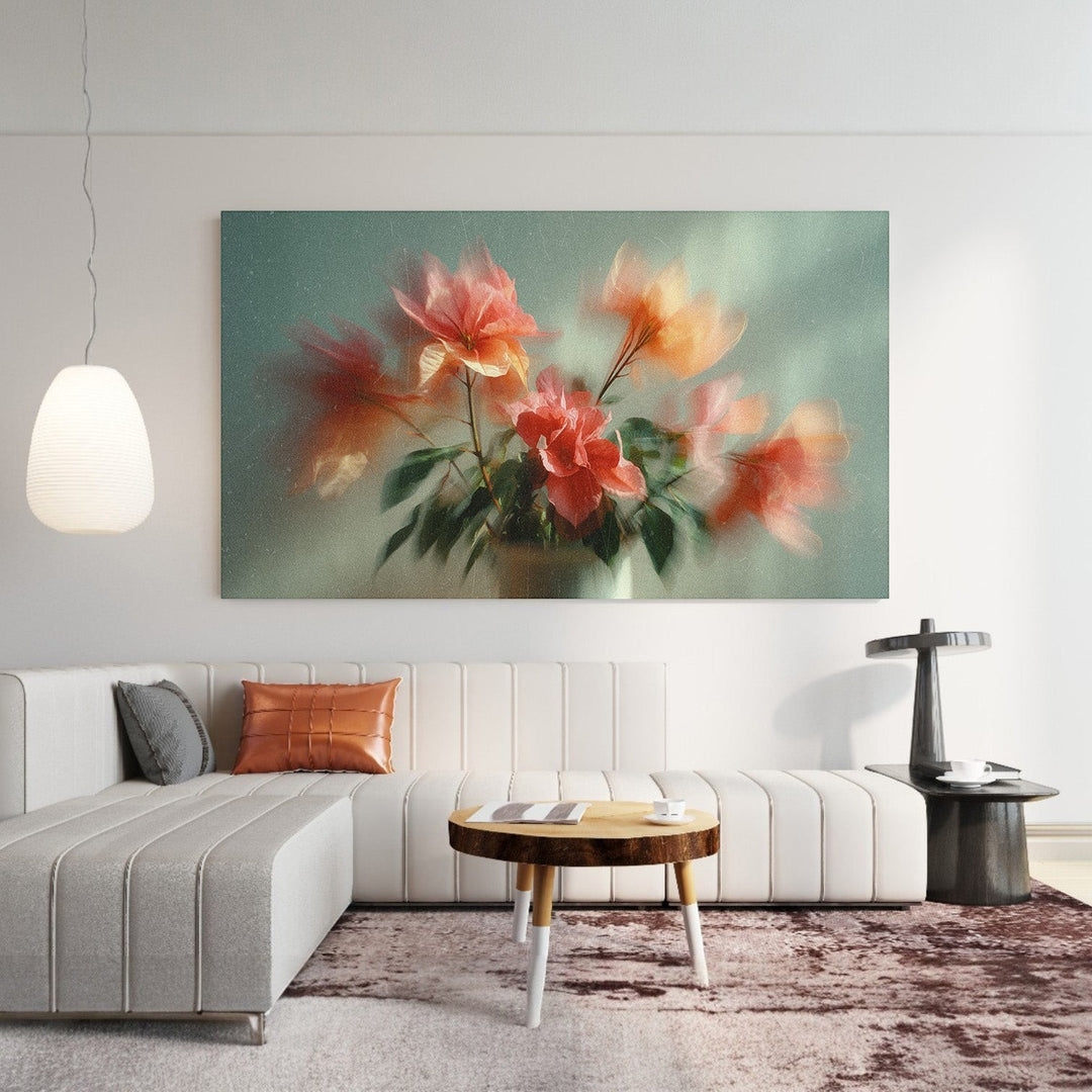 Wadi Home floral arrangement wall art with soft coral and peach blossoms in impressionistic style on canvas.
