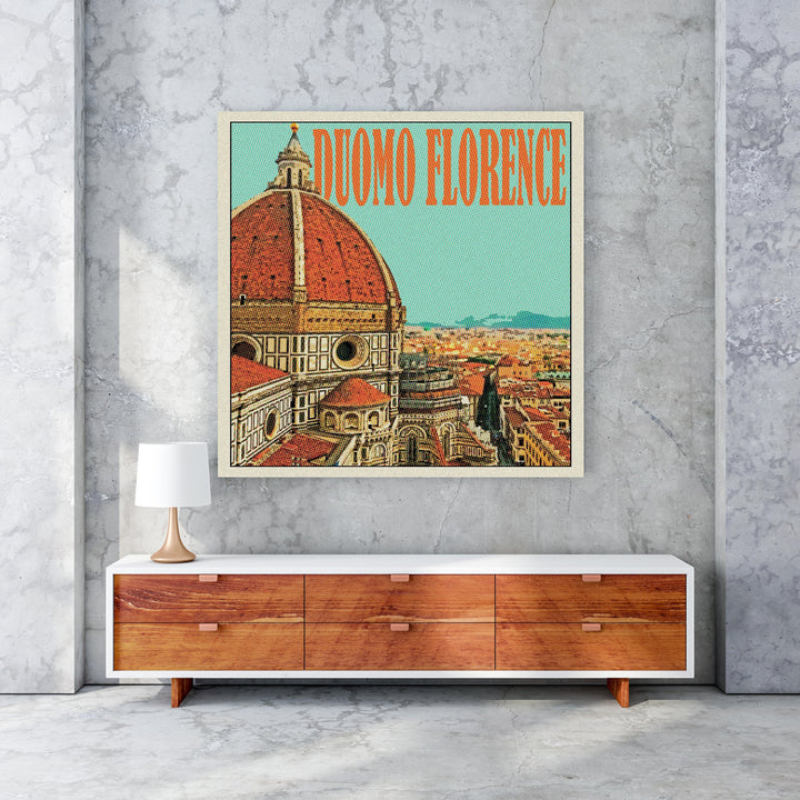 Wadi Home Florence Duomo vintage travel poster with terracotta dome and blue sky, framed art for home decor.