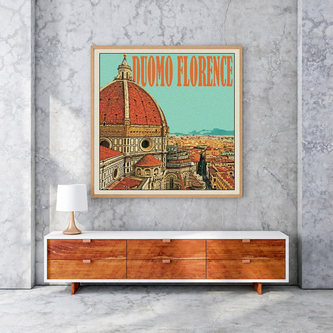 Wadi Home Florence Duomo vintage travel poster with terracotta dome and blue sky, framed art.