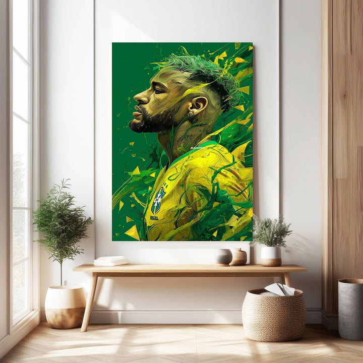 Wadi Home football player portrait wall art, abstract green and yellow design, dynamic sports art.
