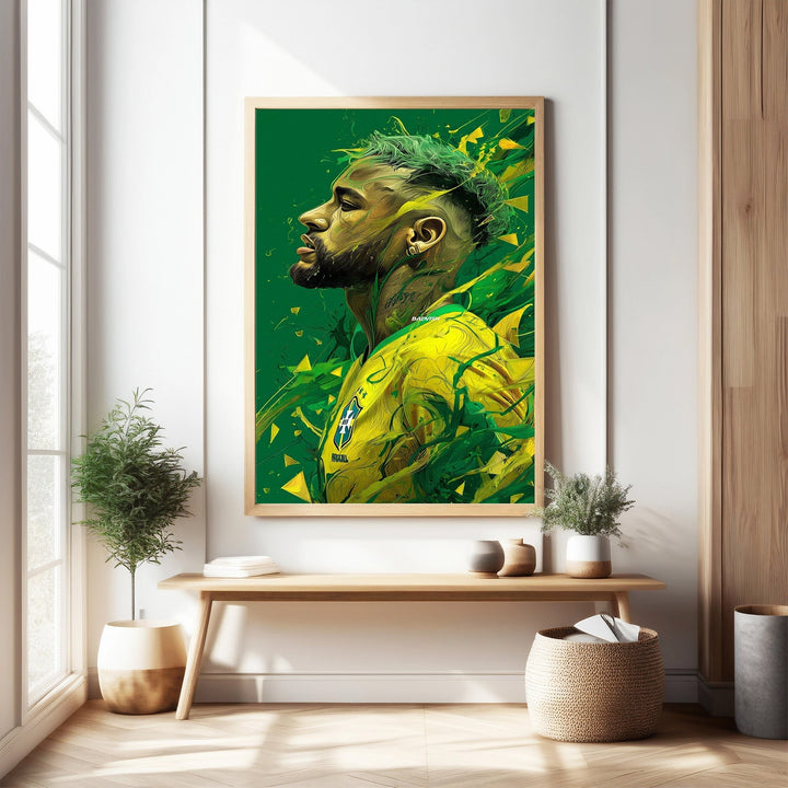 Wadi Home football player portrait wall art, abstract green and yellow design, framed artwork.