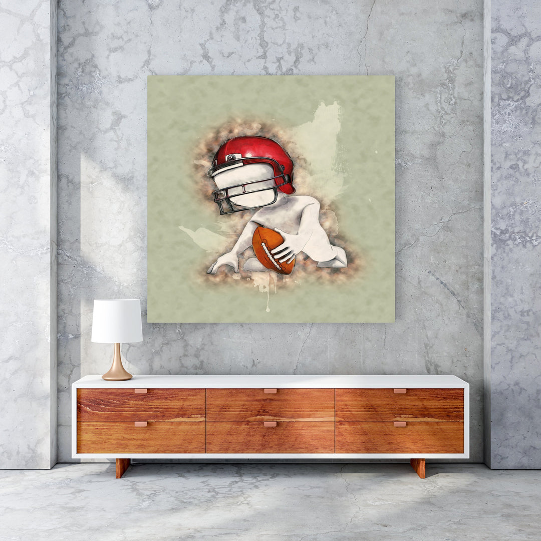 Wadi Home artwork of a football player in a red helmet holding a ball, rendered in an artistic, abstract style.