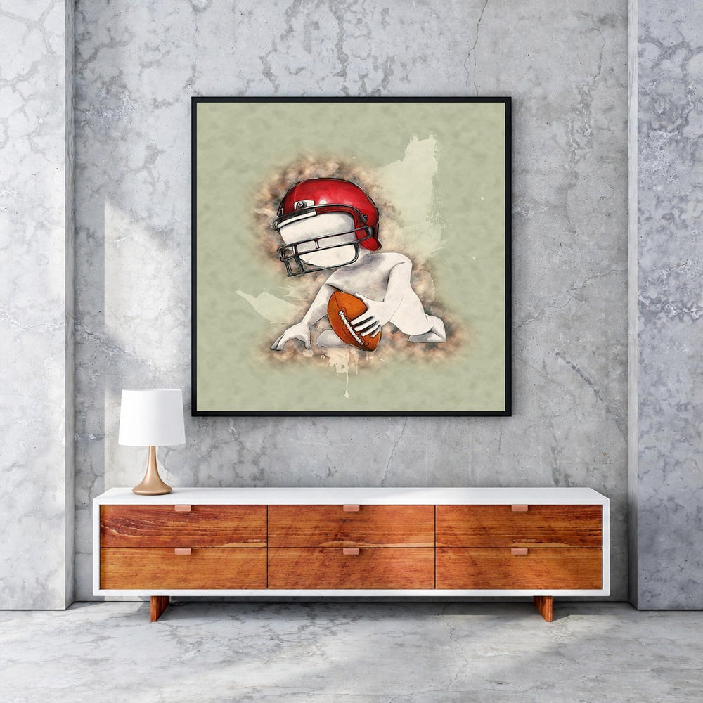 Wadi Home football player artwork with red helmet and ball, artistic style, abstract depiction.