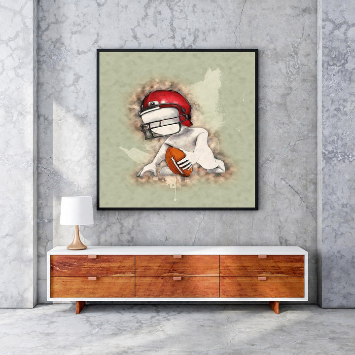 Wadi Home football player artwork with red helmet and ball, artistic style, abstract depiction.