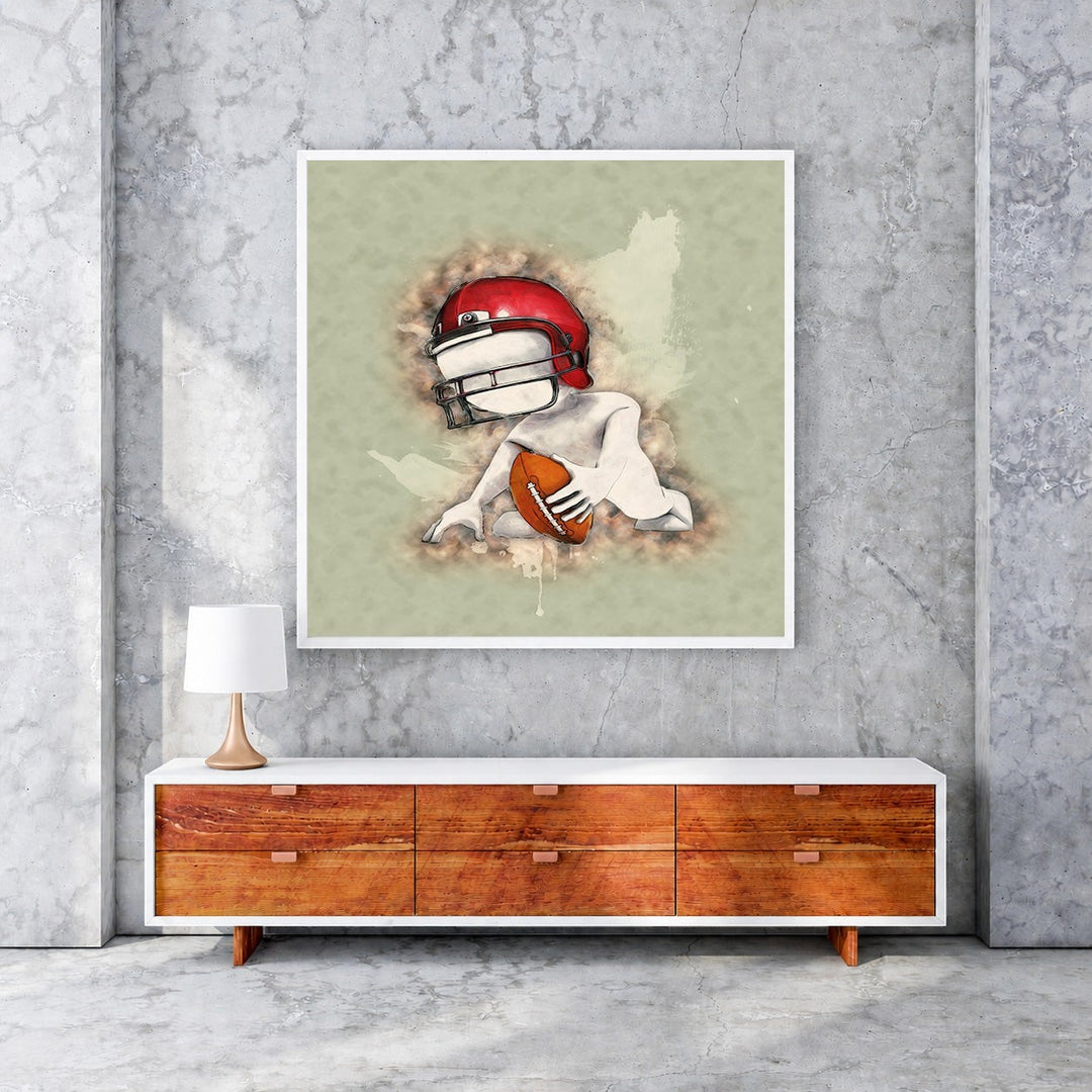 Wadi Home football player artwork with red helmet and ball, artistic depiction.
