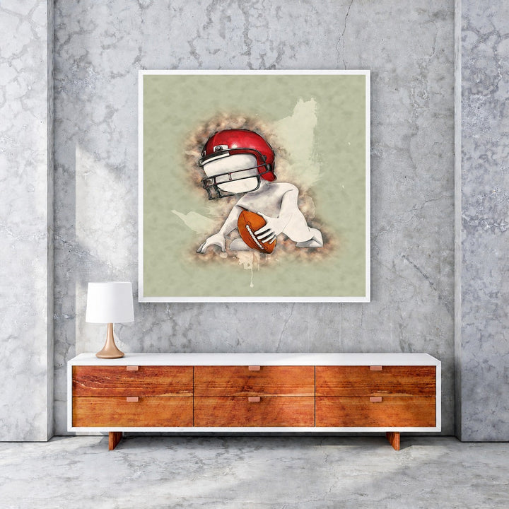 Wadi Home football player artwork with red helmet and ball, artistic depiction.