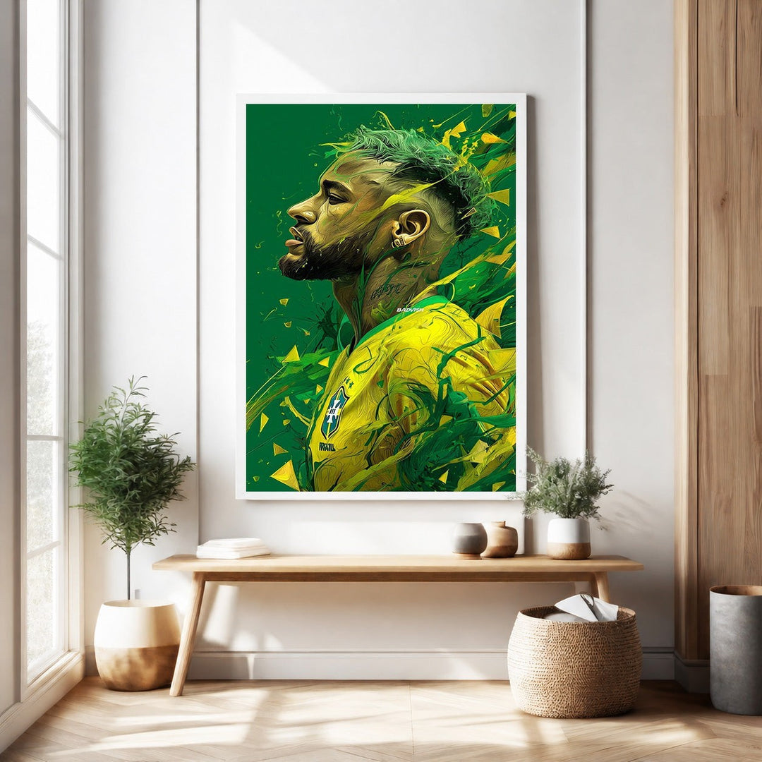Wadi Home dynamic football player portrait wall art in green and yellow abstract style, featuring a player in profile.