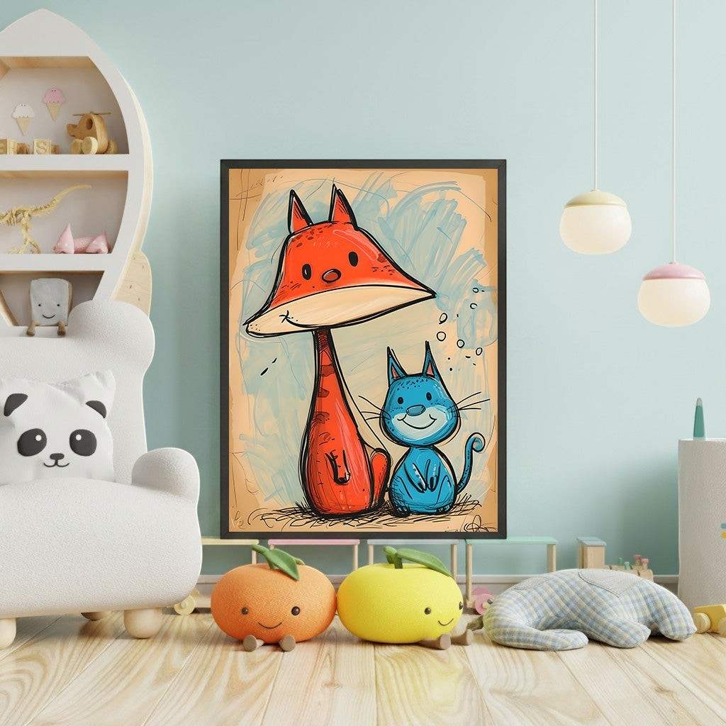 Wadi Home Whimsical art print of a friendly orange fox and blue cat with sketchy lines and a textured background, perfect for a nursery.