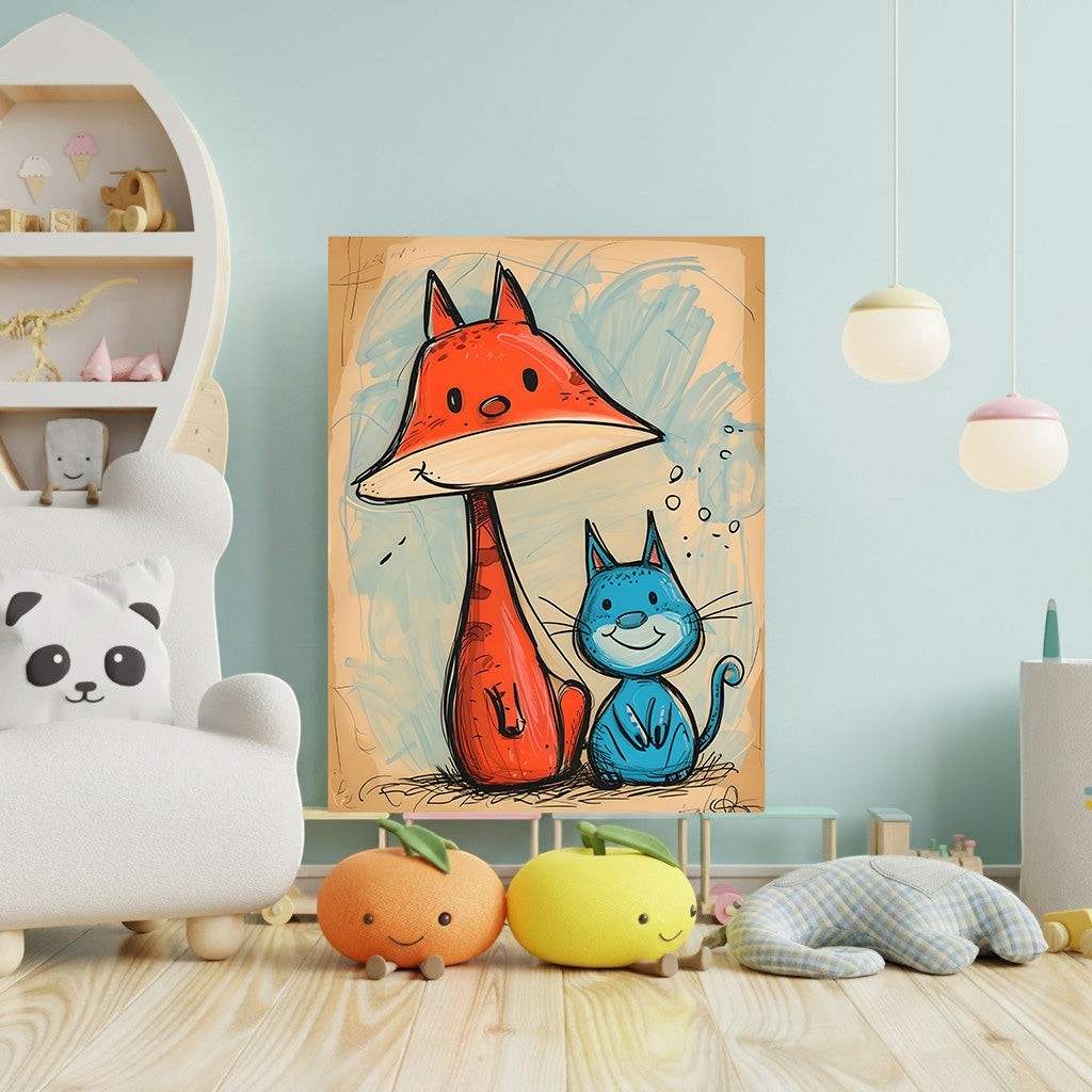Wadi Home whimsical art print of a friendly orange fox and blue cat with sketchy lines and a textured background, perfect for a nursery.