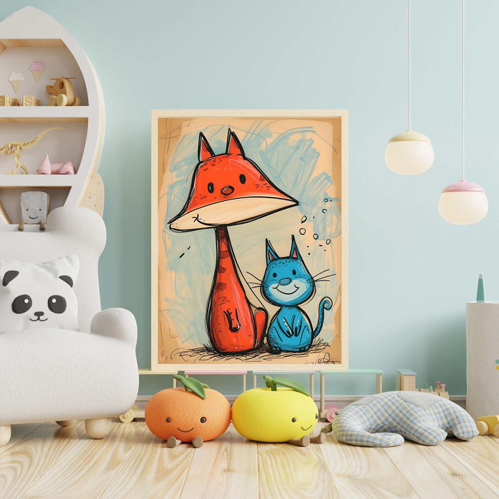 Wadi Home whimsical art print of a friendly orange fox and blue cat with sketchy lines and a textured background, perfect for a nursery.