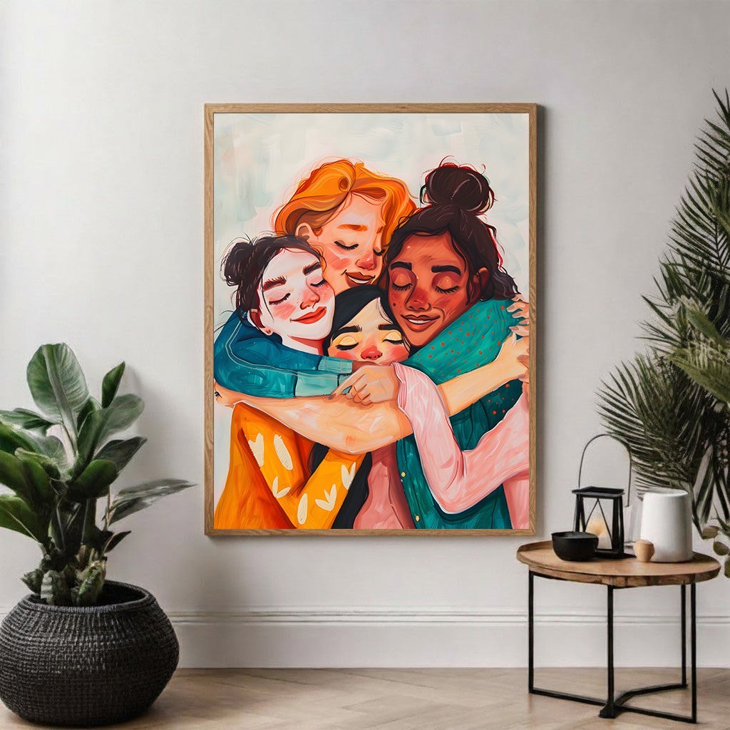 Wadi Home Embrace Of Friendship wall art, diverse women in warm colors sharing a tender embrace, painterly style.