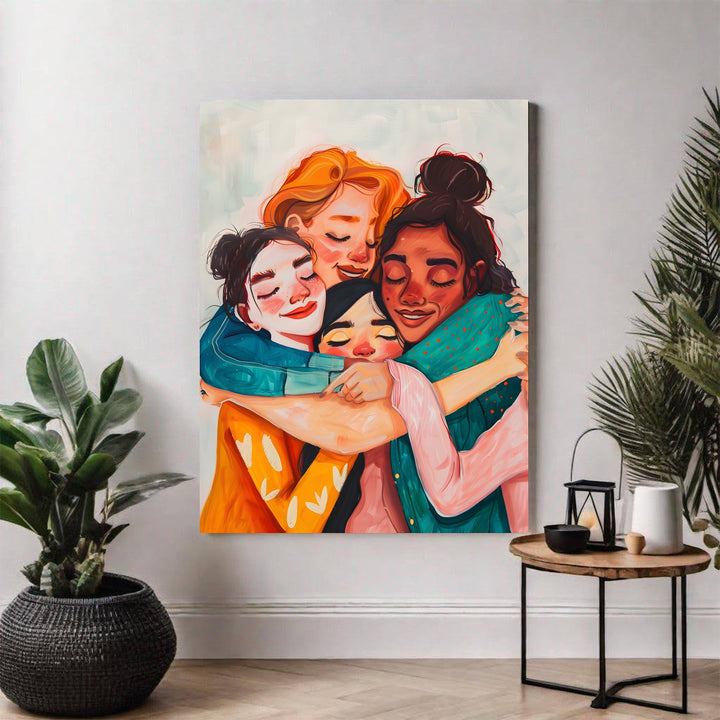Wadi Home Embrace Of Friendship wall art, diverse women in warm colors sharing a tender embrace, painterly style.