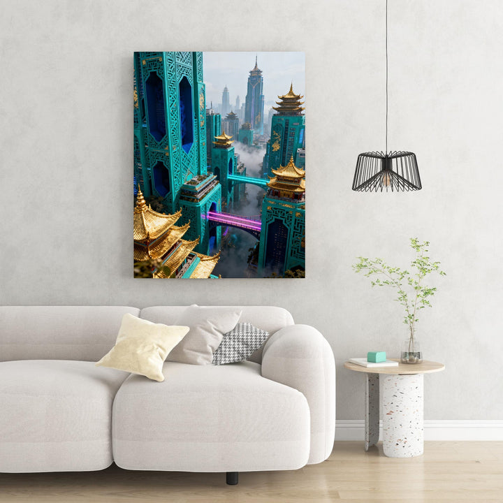 Wadi Home futuristic cityscape wall art with teal pagoda architecture, golden roofs, and neon bridges.