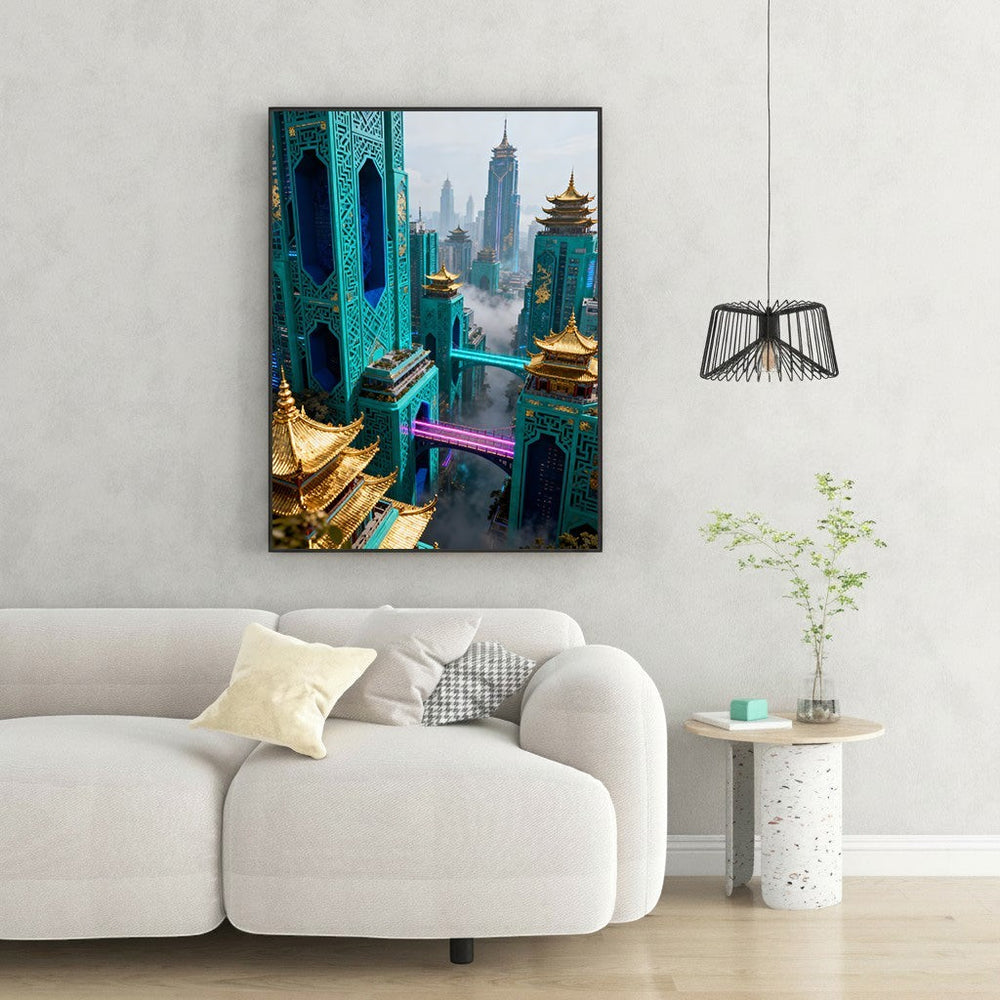 Wadi Home futuristic cityscape wall art with teal pagoda architecture, neon pink bridges, and gold accents.