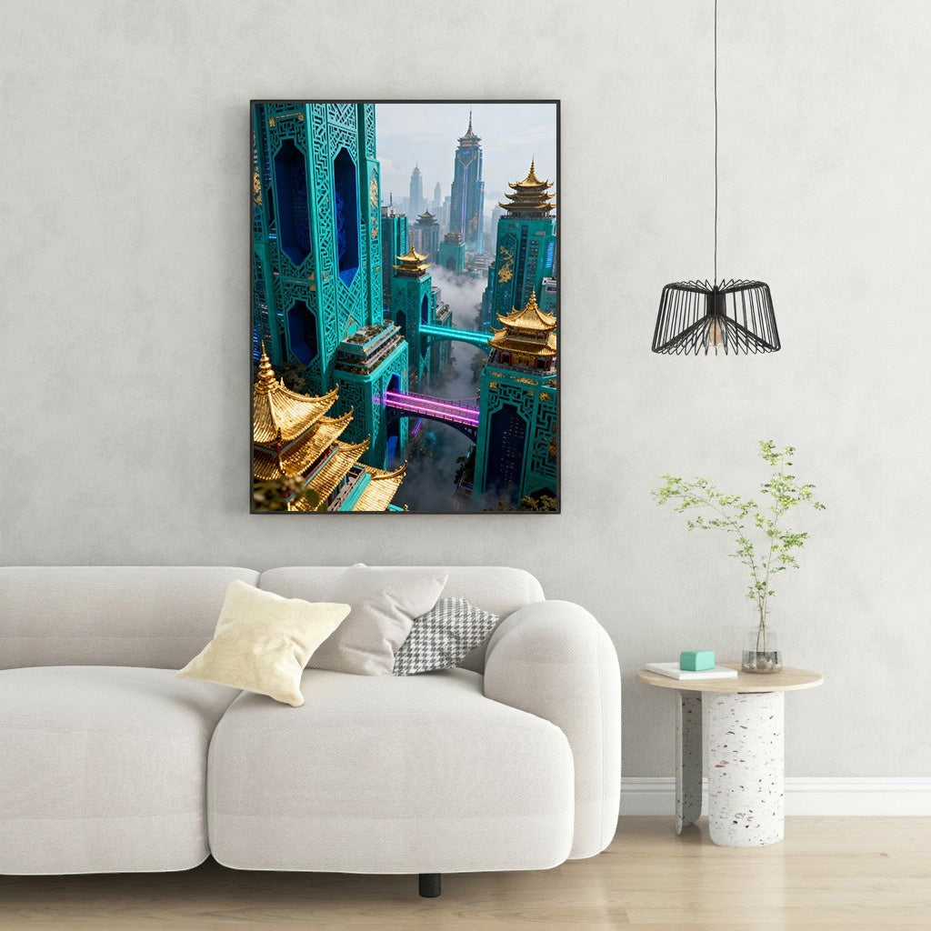 Wadi Home futuristic cityscape wall art with teal pagoda architecture, neon pink bridges, and gold accents.