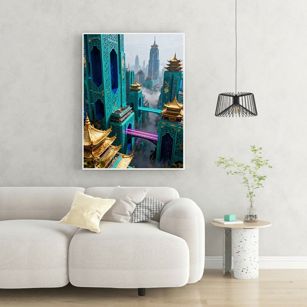 Wadi Home futuristic cityscape wall art with teal pagoda architecture, neon pink bridges, and gold accents.