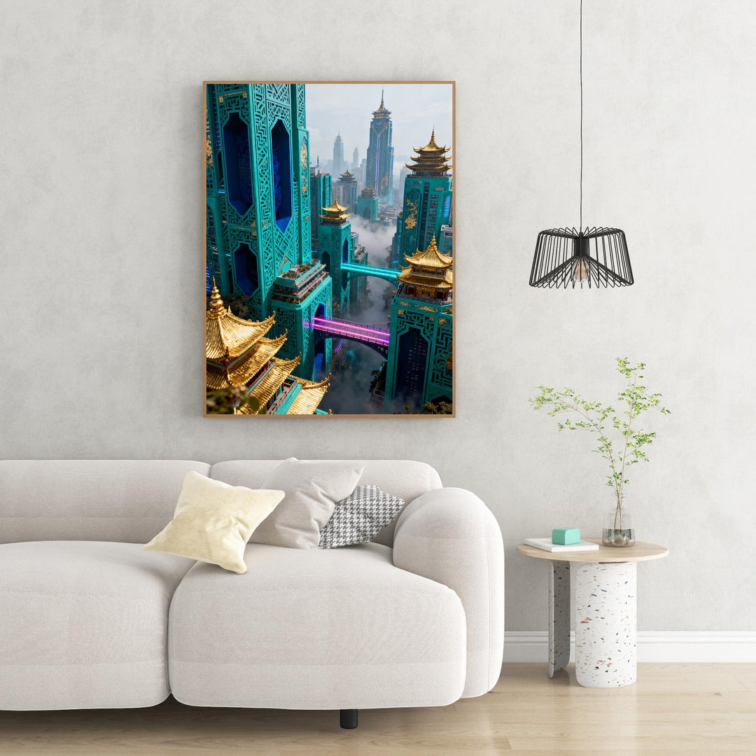 Wadi Home futuristic cityscape wall art with teal pagoda architecture, neon pink bridges, and gold accents.