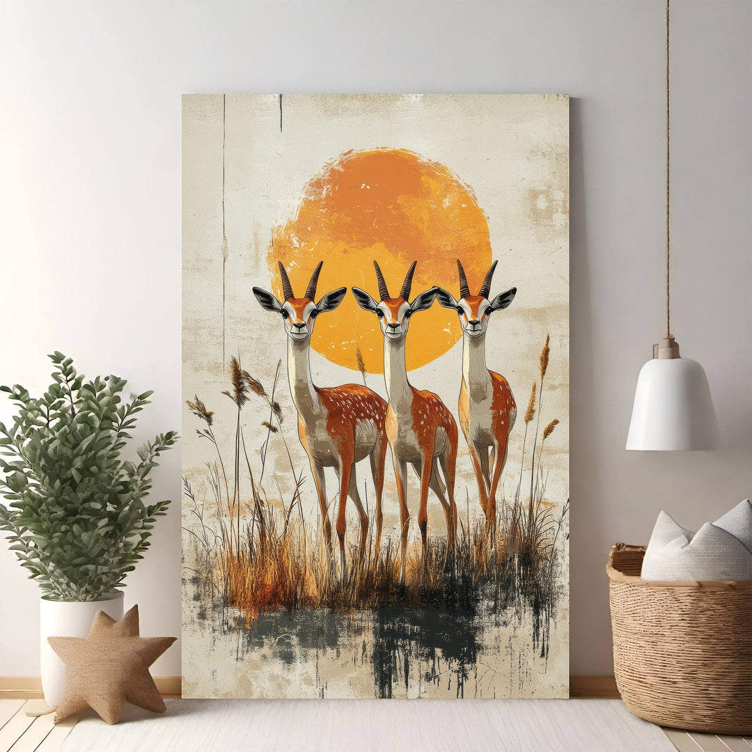 Wadi Home canvas print of three gazelles in tall grass with a large orange sun.