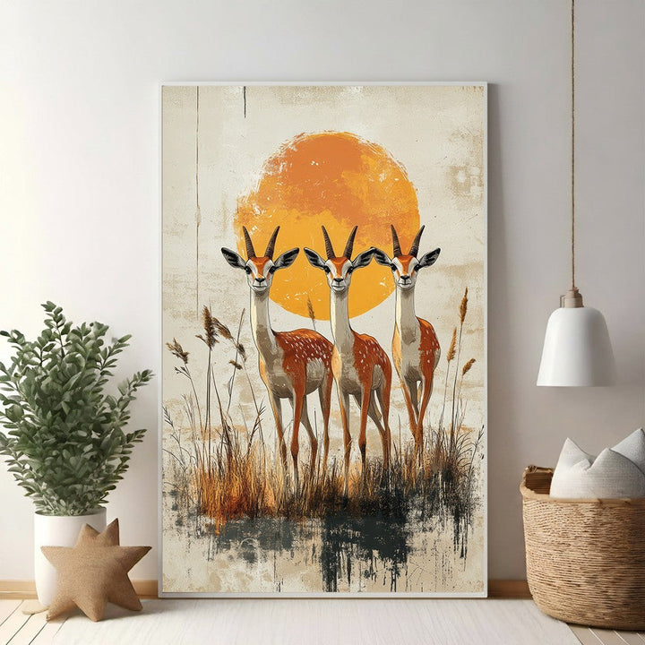 Wadi Home canvas print of three gazelles in tall grass with a large orange sun.