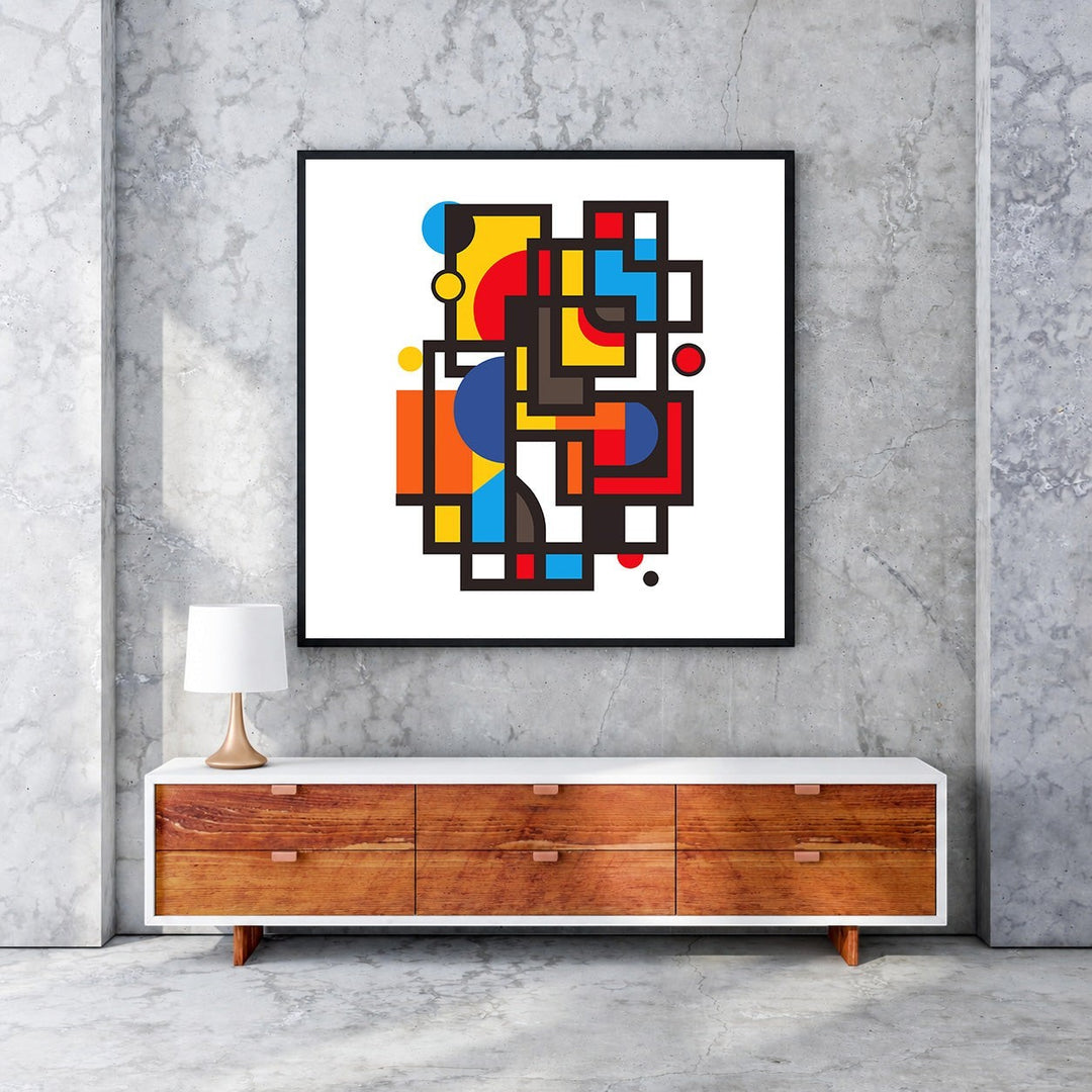 Wadi Home abstract geometric wall art with red, yellow, blue, and orange squares and circles.