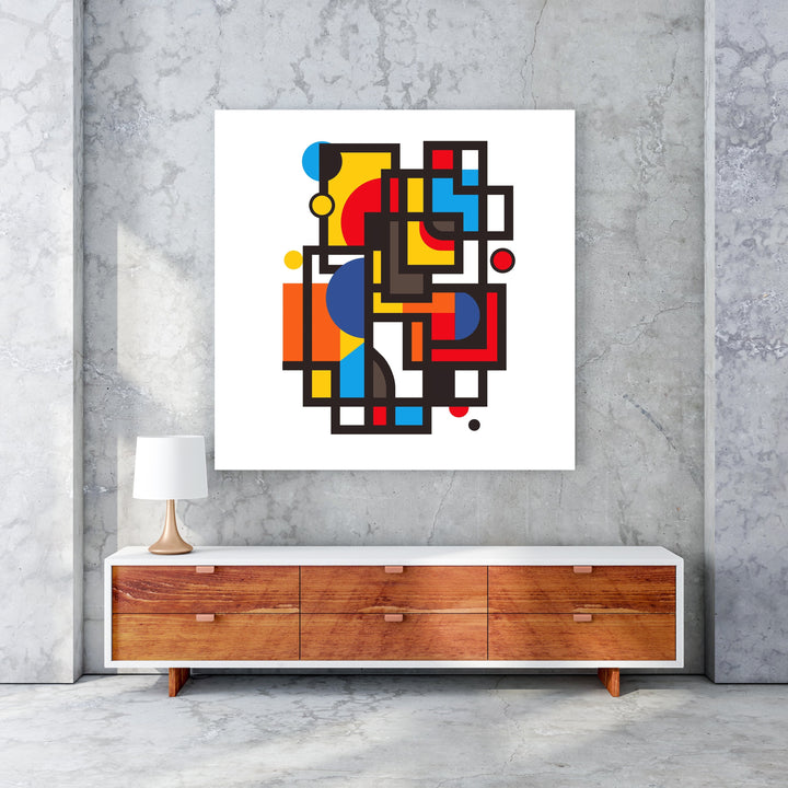 Wadi Home geometric abstract wall art with red, yellow, blue, and orange squares and circles.