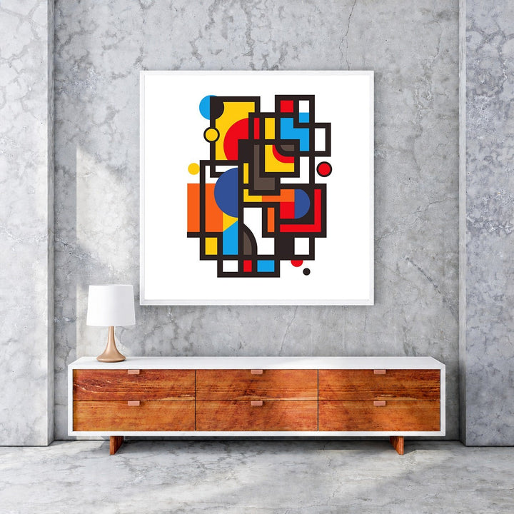 Wadi Home geometric abstract wall art with red, yellow, blue, and orange squares and circles.