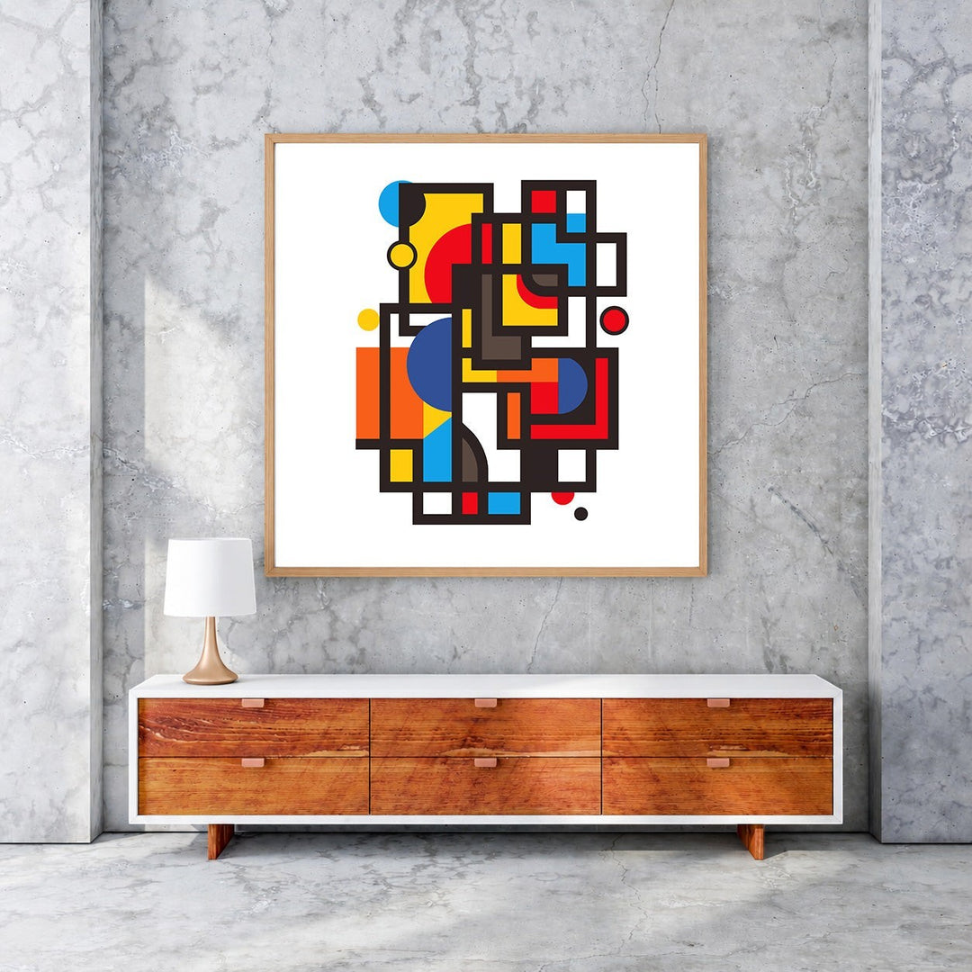 Wadi Home geometric abstract wall art with red, yellow, blue, and orange squares and circles.