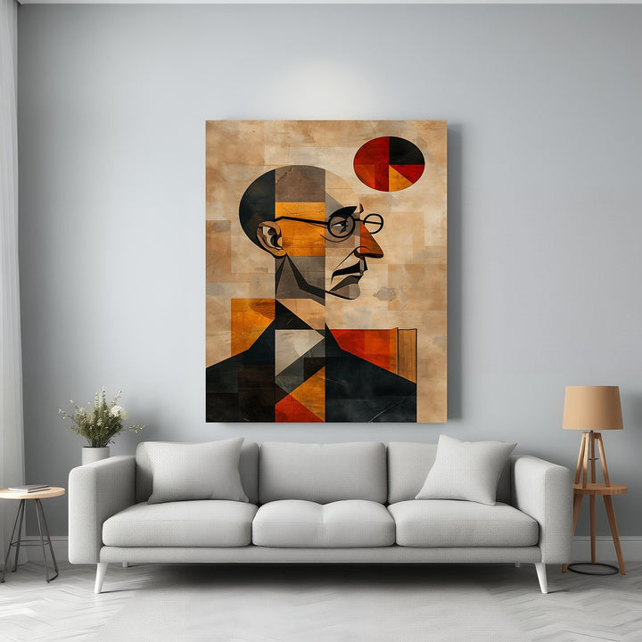 Wadi Home geometric portrait wall art with earthy tones, black, and orange abstract profile on textured background.