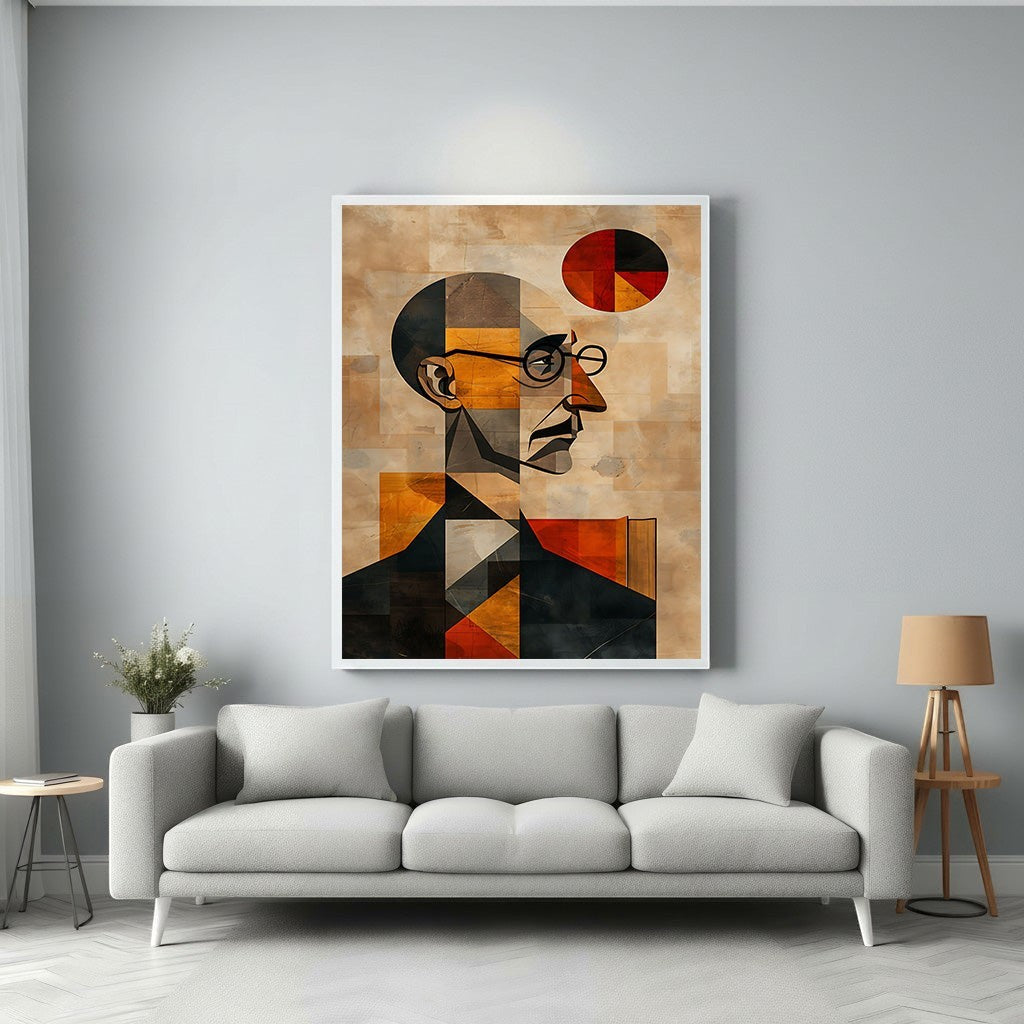 Wadi Home geometric portrait wall art with earthy tones, black, and orange accents. Abstract profile design.
