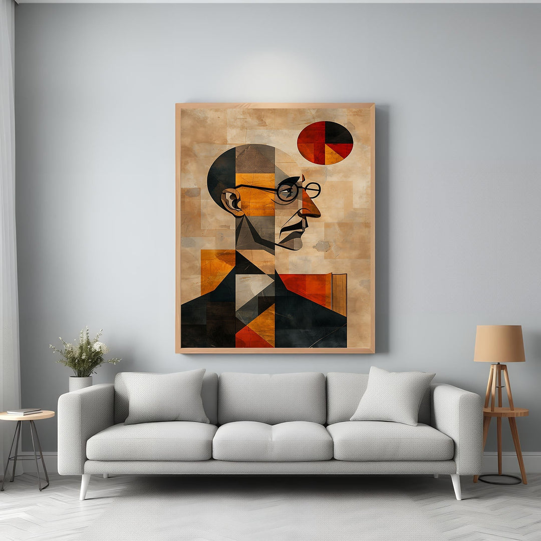Wadi Home Geometric Portrait Wall Art, abstract profile in earthy tones, black, and orange, framed.