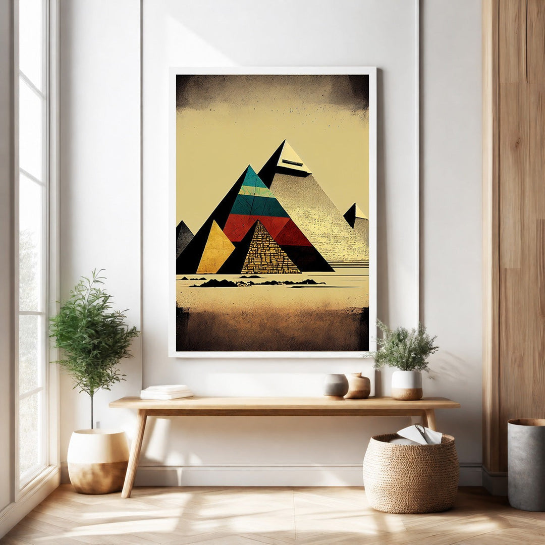 Wadi Home geometric pyramid landscape wall art with earthy tones and bold colors. Modern abstract Egyptian pyramids.