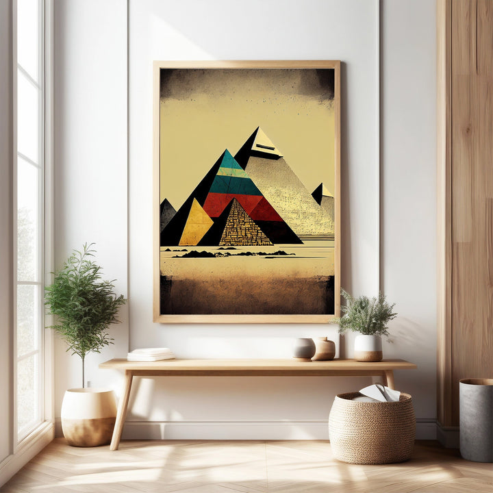 Wadi Home geometric pyramid landscape wall art with earthy tones and bold colors, framed in light wood.
