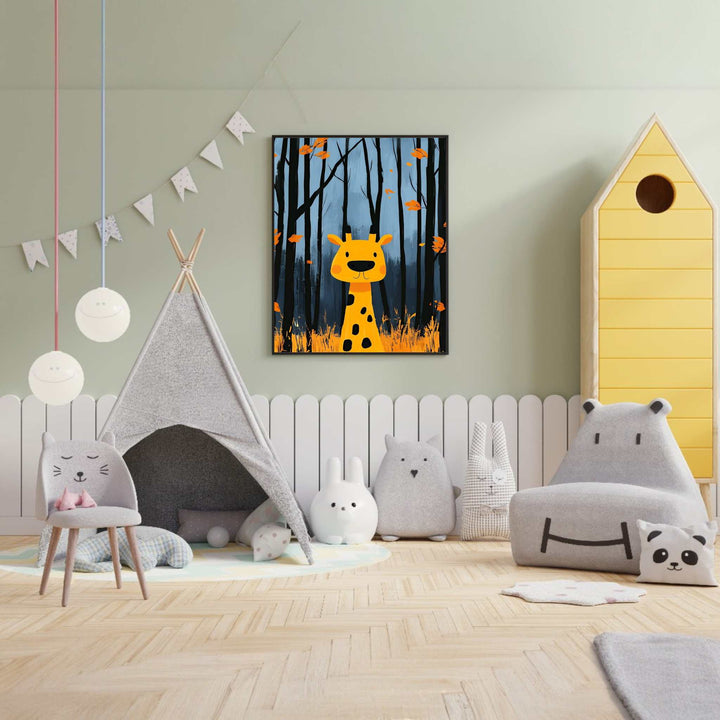 Wadi Home framed wall art of a yellow giraffe in a blue autumn forest with falling leaves.