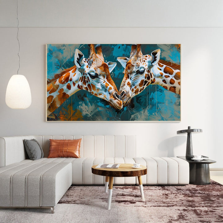 Wadi Home Giraffe Embrace canvas wall art featuring two giraffes with teal and rust textured background.