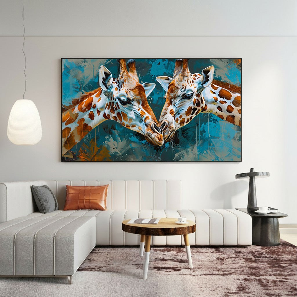 Wadi Home Giraffe Embrace canvas wall art featuring two giraffes with teal and rust textured background.