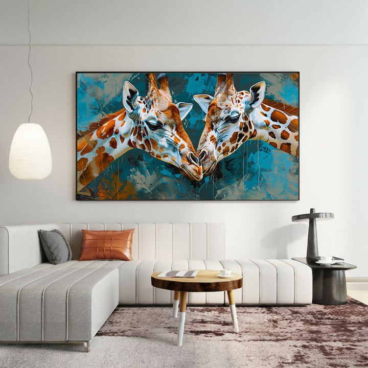Wadi Home Giraffe Embrace canvas wall art featuring two giraffes with teal and rust textured background.
