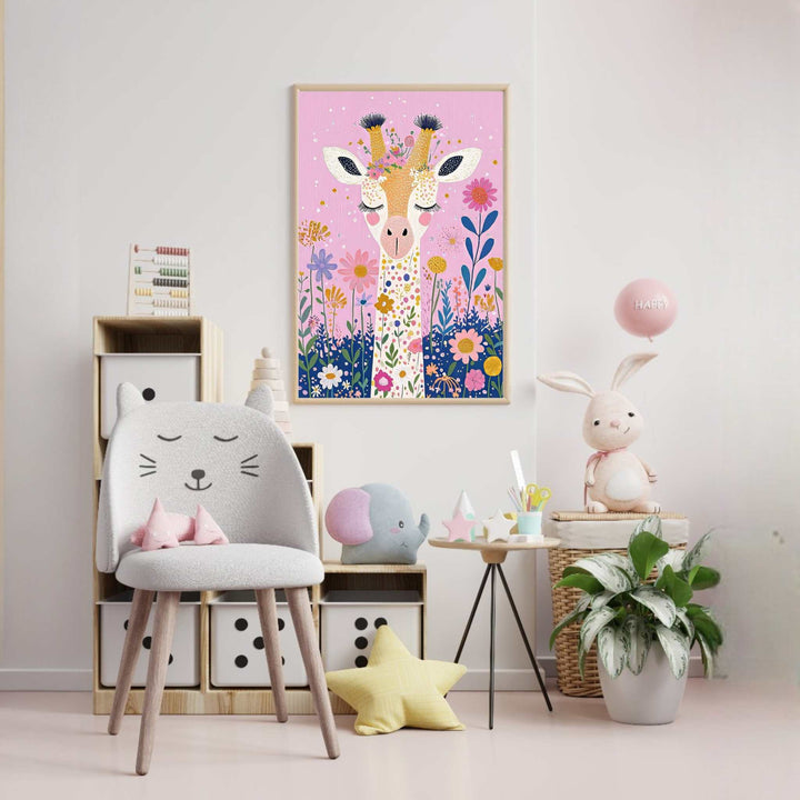 Wadi Home framed giraffe floral nursery art with pink background and colorful flowers.