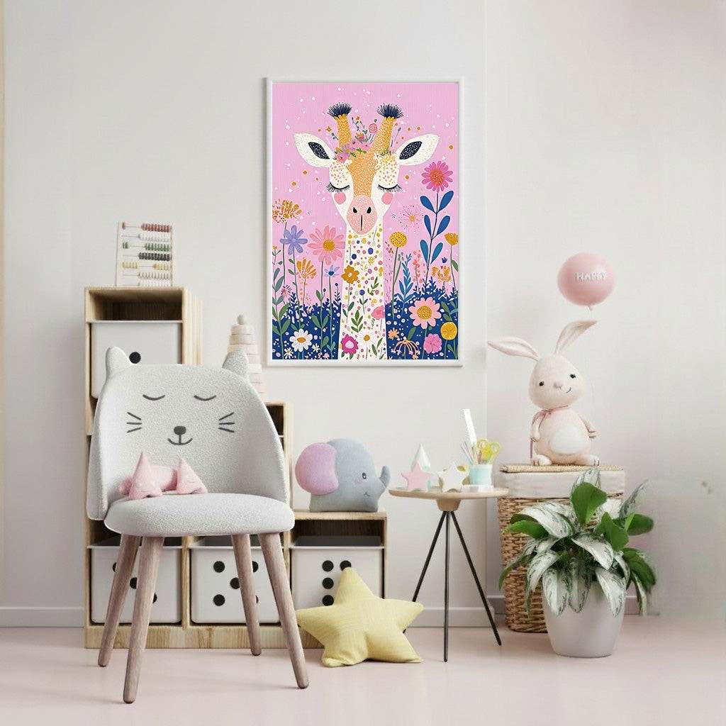 Wadi Home whimsical giraffe with floral crown on pink background, nursery art