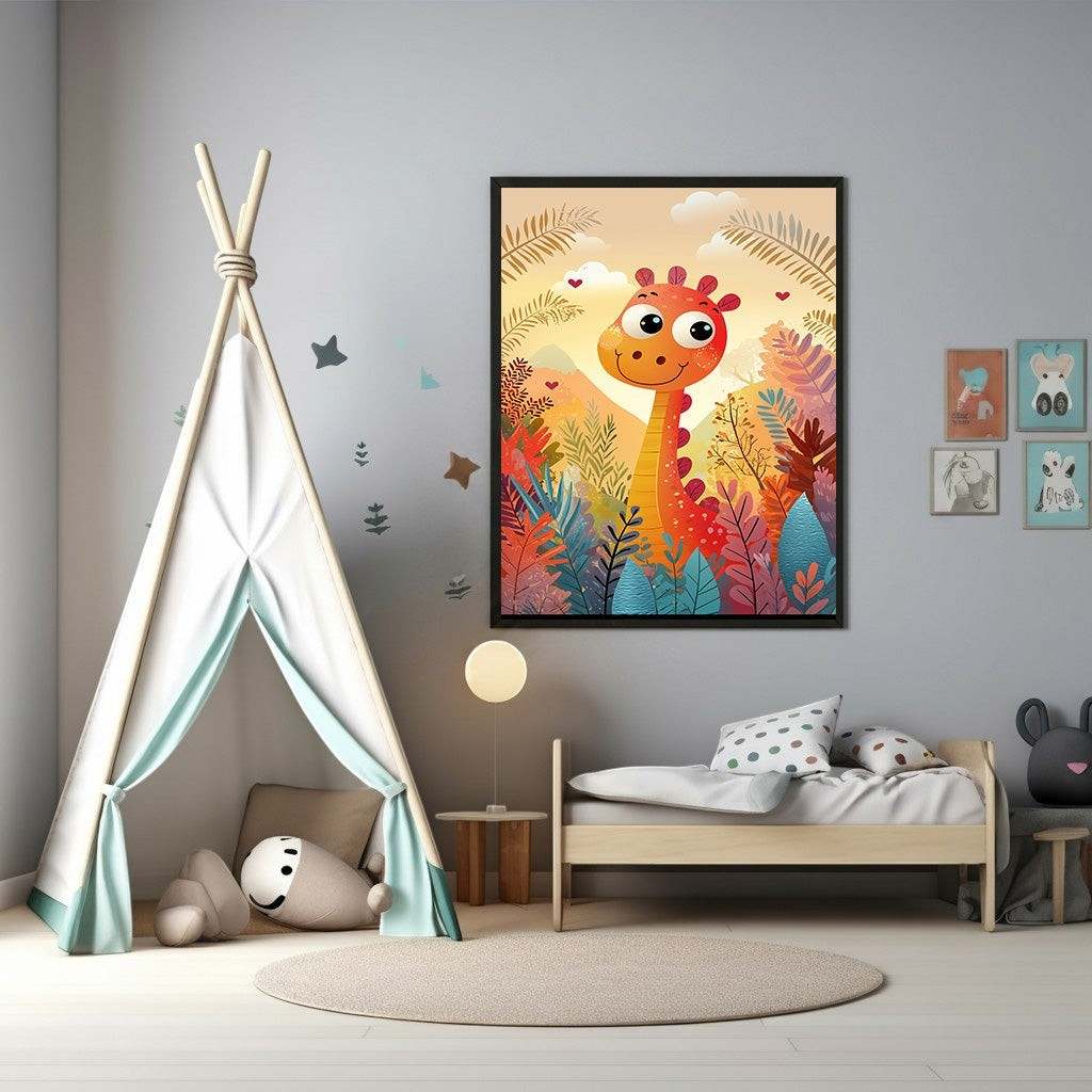 Wadi Home framed wall art featuring a whimsical orange giraffe in a colorful jungle setting, perfect for a child's room.