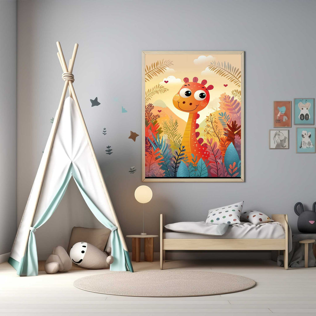 Wadi Home Whimsical giraffe jungle adventure wall art for kids room. Features a friendly orange giraffe surrounded by colorful foliage and mountains.