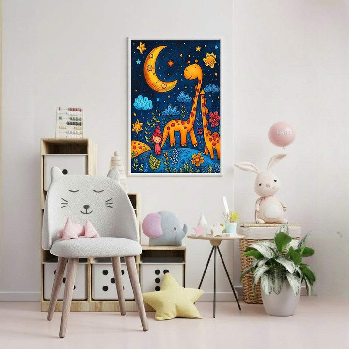 Wadi Home Whimsical Giraffe Moon Nursery Art featuring two giraffes, a gnome, and a crescent moon under a starry night sky. Vibrant blue, yellow, and orange colors.
