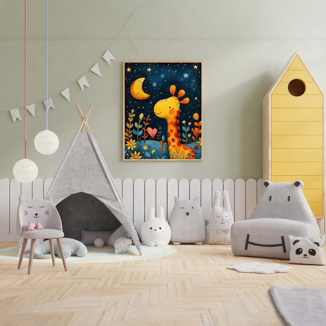 Wadi Home Whimsical giraffe gazing at a crescent moon and starry night sky in a nursery art print. Vibrant blues, yellows, and greens.