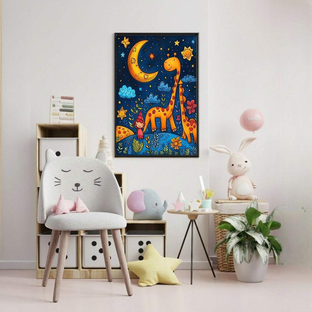 Wadi Home Whimsical Giraffe Moon Nursery Art featuring two orange giraffes, a gnome, and a crescent moon on a starry night sky.