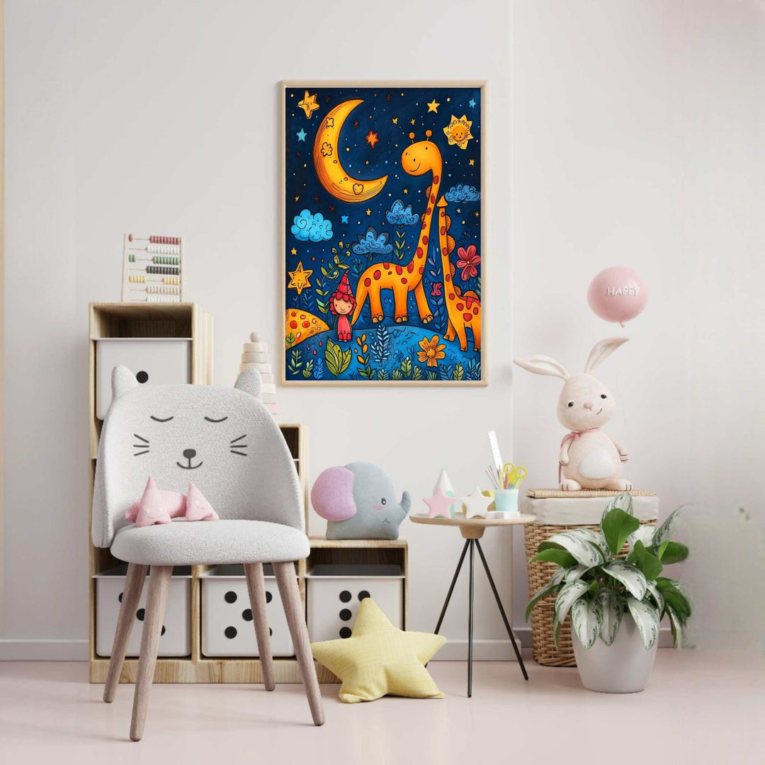 Wadi Home Whimsical Giraffe Moon Nursery Art featuring two giraffes, a gnome, and a crescent moon under a starry night sky. Vibrant blues, yellows, and oranges.
